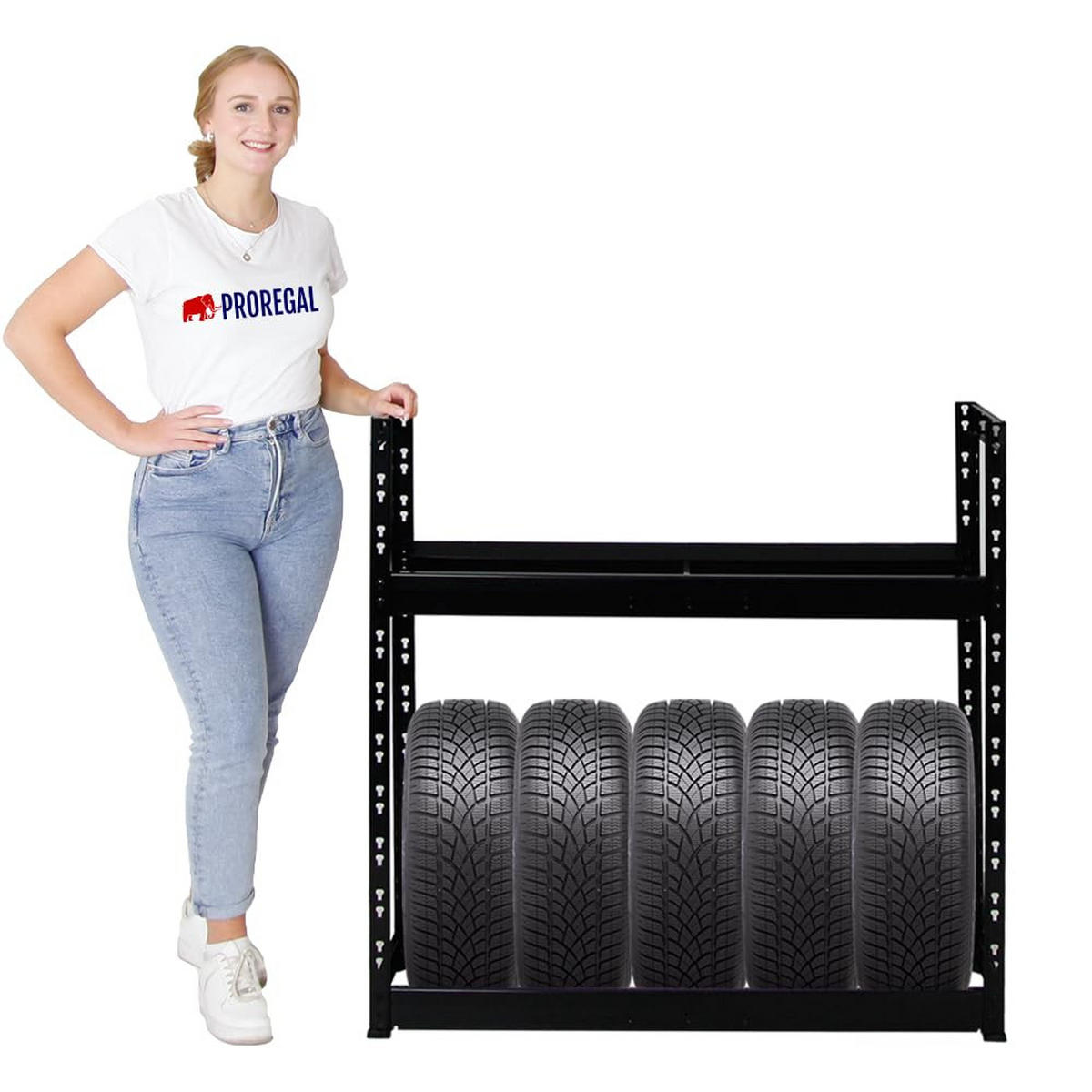 REIFENREGAL Tiger 2er-Set mit 2x 100x110x35 cm 150 kg Fachlast bis zu 16 Reifen mit Ebenen Schwarz - Schwarz, Metall (220/100/35cm) - PROREGAL