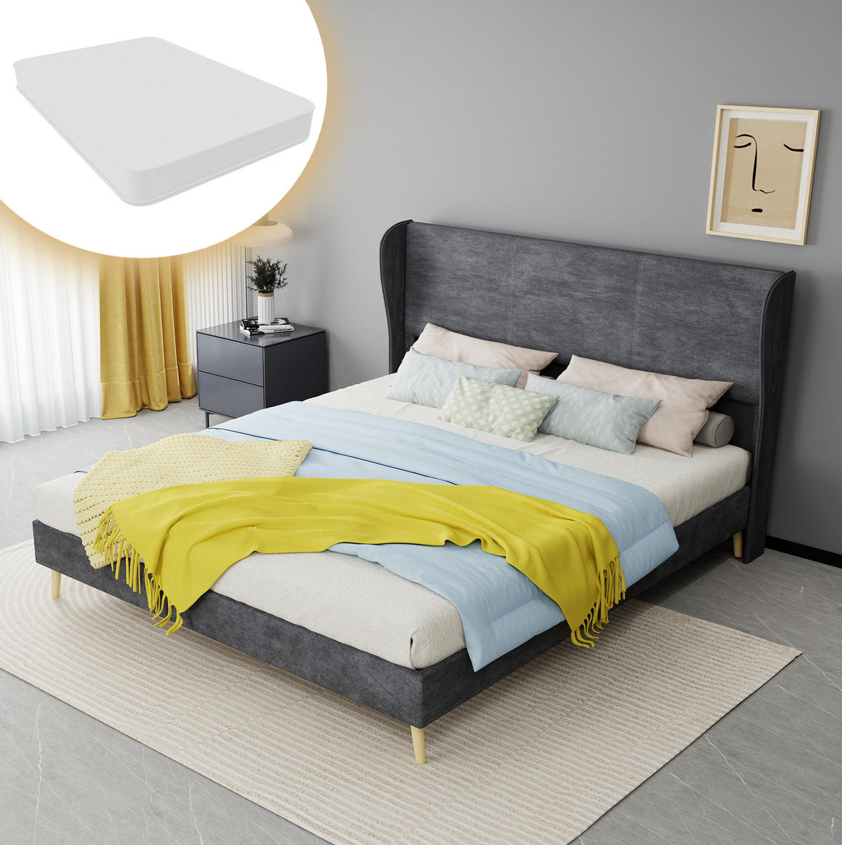 POLSTERBETT 160/200 cm mit gepolstertem Kopfteil und Matratze, Grau - Grau, Textil (160/200cm) - Redom