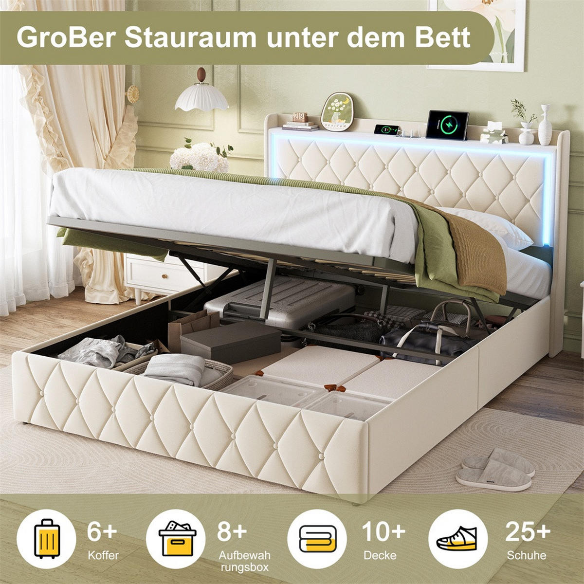 POLSTERBETT 160x200cm mit hydraulischem Stauraum - LED Beleuchtung & Ladefunktion - ohne Matratze - Beige - Beige, Textil (160/200cm) - DELFA