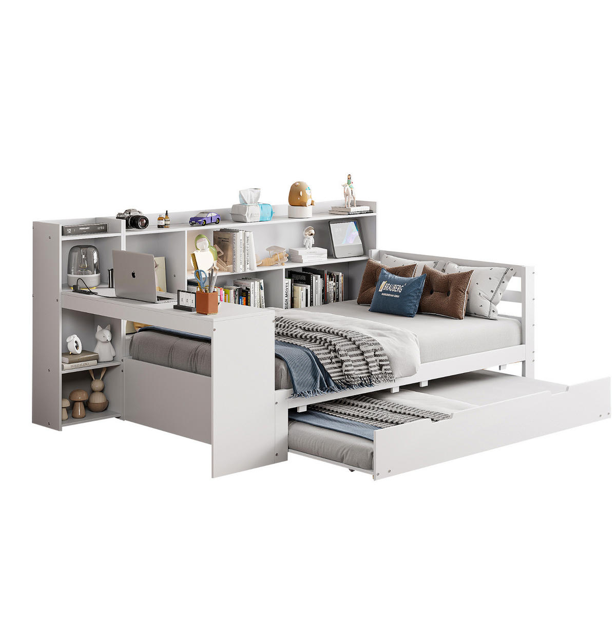 MULTIFUNKTIONSBETT 90/200 cm mit Ausziehbett, Schreibtisch, Regalen und Steckdose, Weiß - Weiß, Holzwerkstoff (90/200cm) - Redom