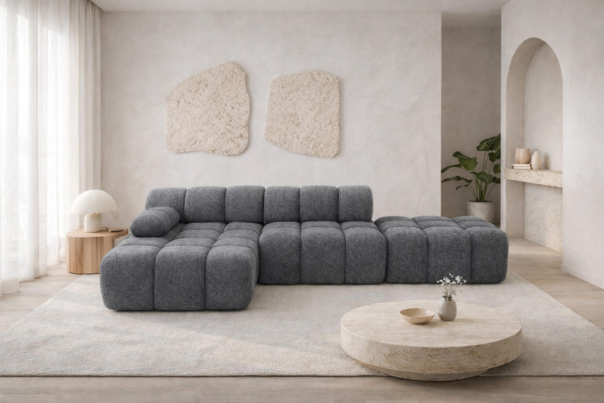 ECKSOFA L-Form Modular Mit Hocker, Bouclé-Stoff Abriamo, Dunkelgrau, Links, Selia - Dunkelgrau, Holz (285/160cm) - Kaiser Möbel