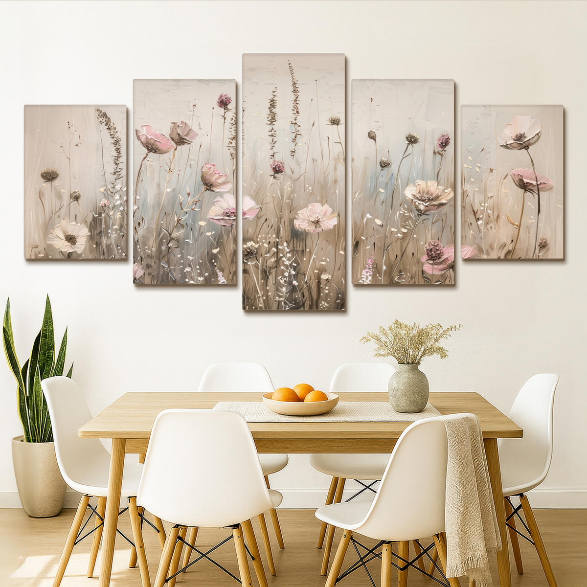 LEINWANDBILD 5er Set Blumen - Beige - Modern - Rosa 200x100 cm - Ecru, Textil (200/100cm) - MuchoWow