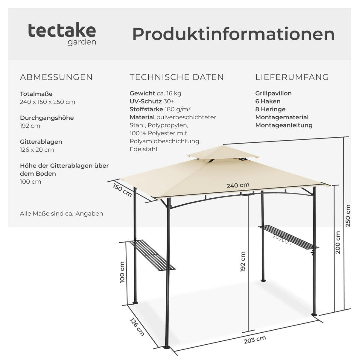 GRILLPAVILLON Maracaibo, 240 x 150 x 250 cm, Sand - Sandfarben, Kunststoff (150/250/240cm) - tectake