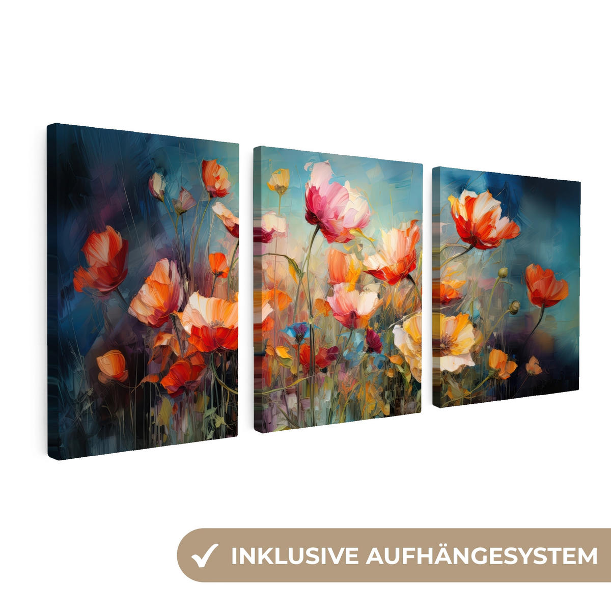 LEINWANDBILD 3er Set Blumen - Bunt - Abstrakt 90x40 cm - Blaugrau, Textil (90/40cm) - MuchoWow