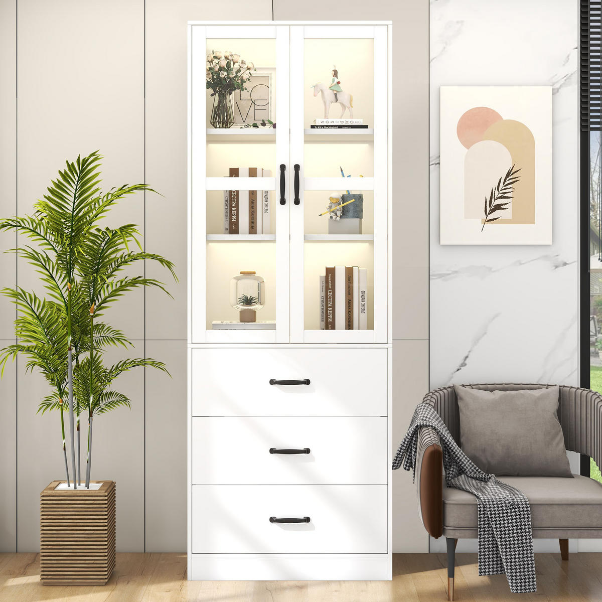 VITRINE 60/40/200 cm weiß aus MDF mit LED und 3 Schubladen - Weiß, Holzwerkstoff (60/200/40cm) - OKWISH