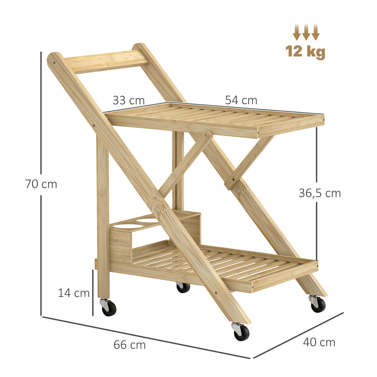 KÜCHENWAGEN mit Weinregal, 66 x 40 x 70 cm, Natur - Naturfarben, Naturmaterialien (66/70/40cm) - HOMCOM