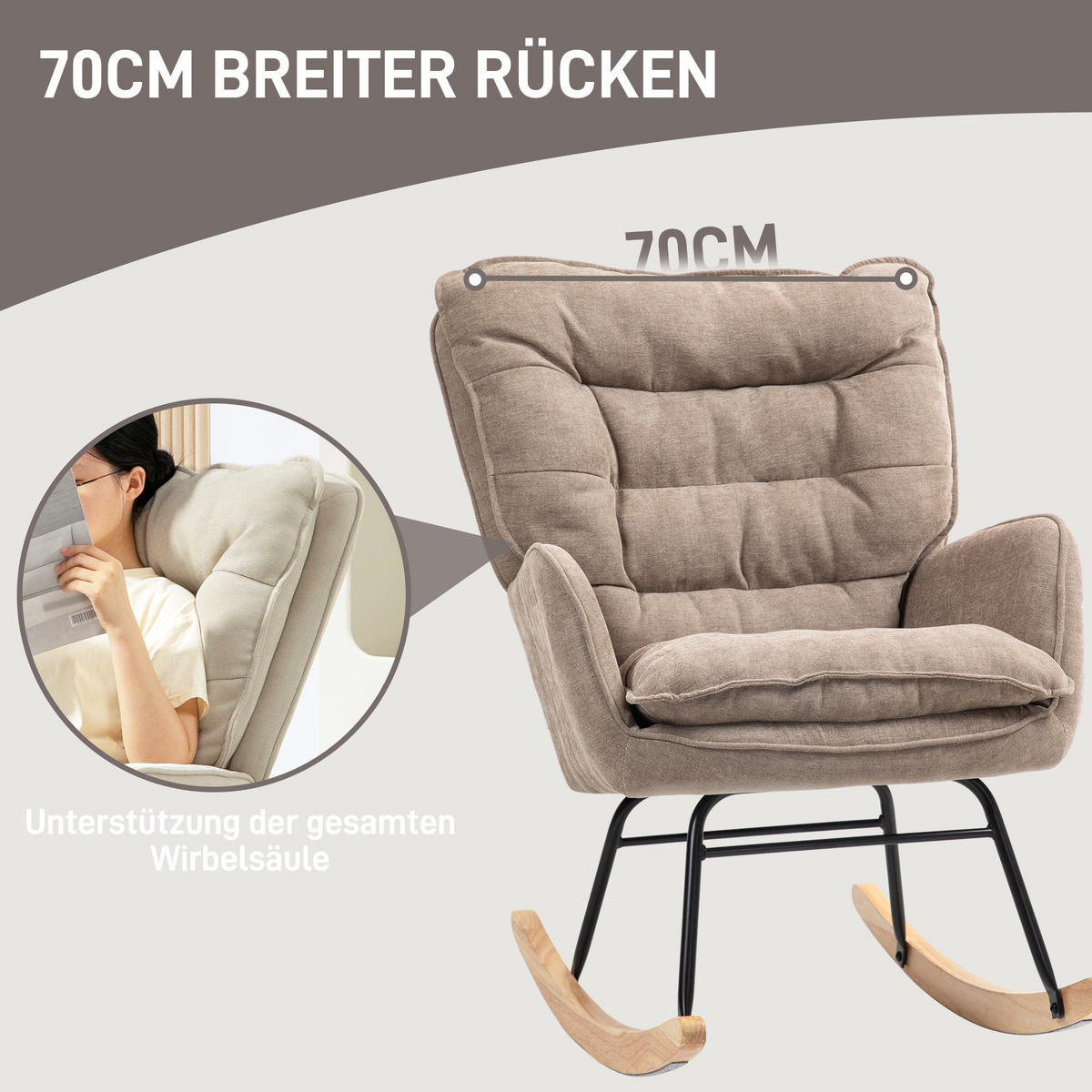 SCHAUKELSTUHL Schwingsessel Armlehnsessel mit Chenilleoptik für Schlafzimmer - Braun/Naturfarben, Holz/Textil (98.5/97/71cm) - HOMCOM