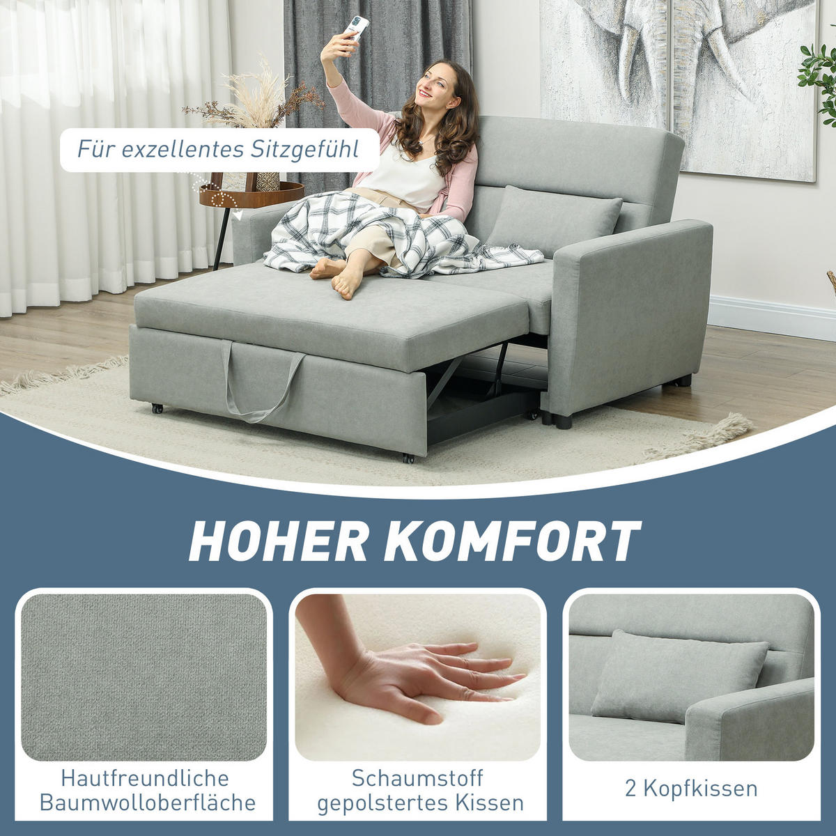SCHLAFSOFA 2-Sitzer mit Schlaffunktion, Bettkasten 155/90/88,5 cm Hellgrau - Hellgrau, Holz (90/88.5/155cm) - Redom