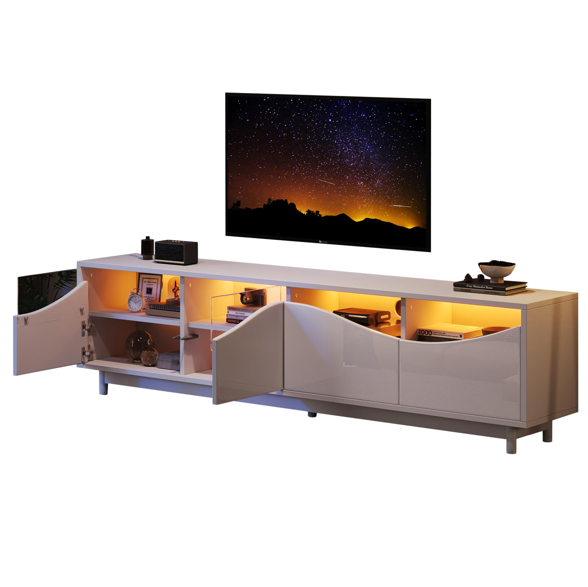 TV-LOWBOARD 175/38/51 cm mit LED-Beleuchtung, Push-to-Open und gehärtetem Glas, MDF Hochglanz, Weiß - Weiß, Holzwerkstoff (175/51/38cm) - Redom