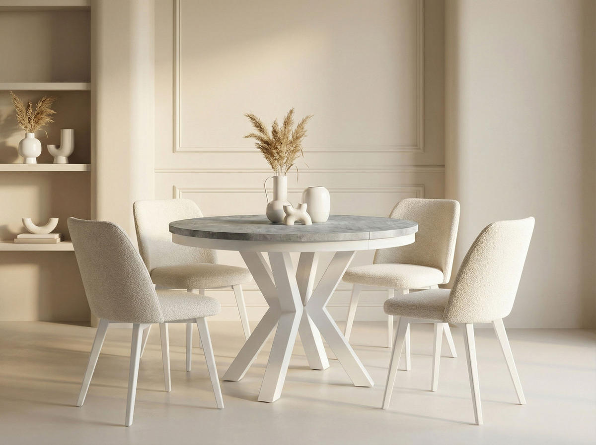 ESSTISCH Clara Weiß runder ausziehbarer, Grauer Beton 100-180/100/76 cm - Hellgrau/Weiß, Holzwerkstoff/Metall (100/100/76cm) - WFL GROUP