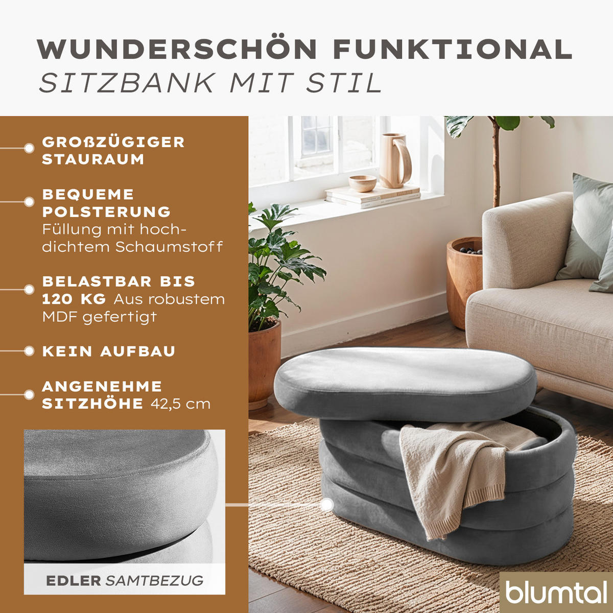 SITZBANK mit Stauraum Oval – Samt Sitztruhe Grau - Grau, Textil (42/42.5/76cm) - Blumtal