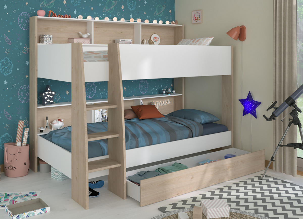 KINDERZIMMER weiß, Eiche 2-teilig, Jugendzimmer-Set mit Etagenbett und Kleiderschrank - Eichefarben/Silberfarben, Holzwerkstoff/Kunststoff (208/165/132cm) - Parisot Meuble
