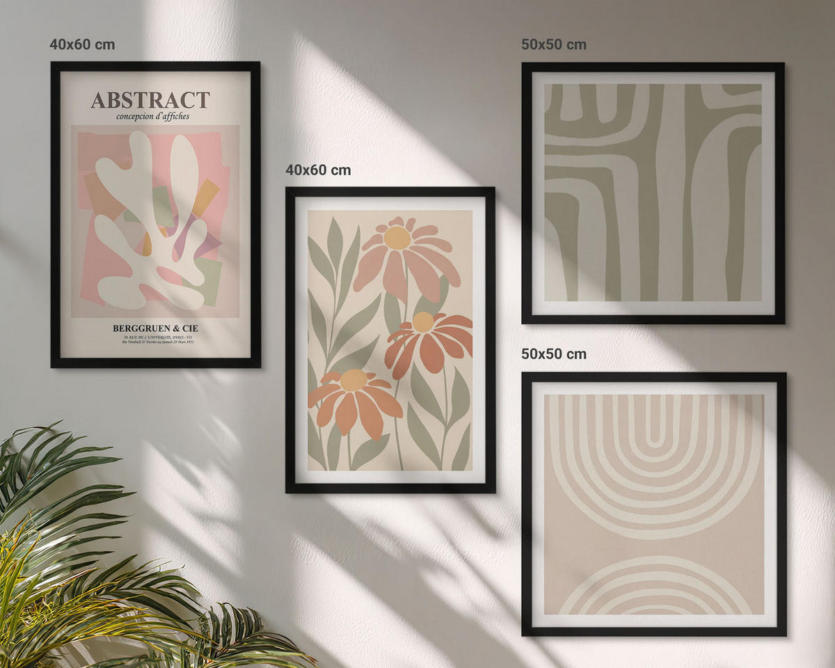 WANDBILDER 4er-Set - 50x50 cm & 40x60 cm Schwarzer Rahmen - Abstrakte Pflanzenformen - Schwarz, Kunststoff (50/50cm) - ArtPrintCave