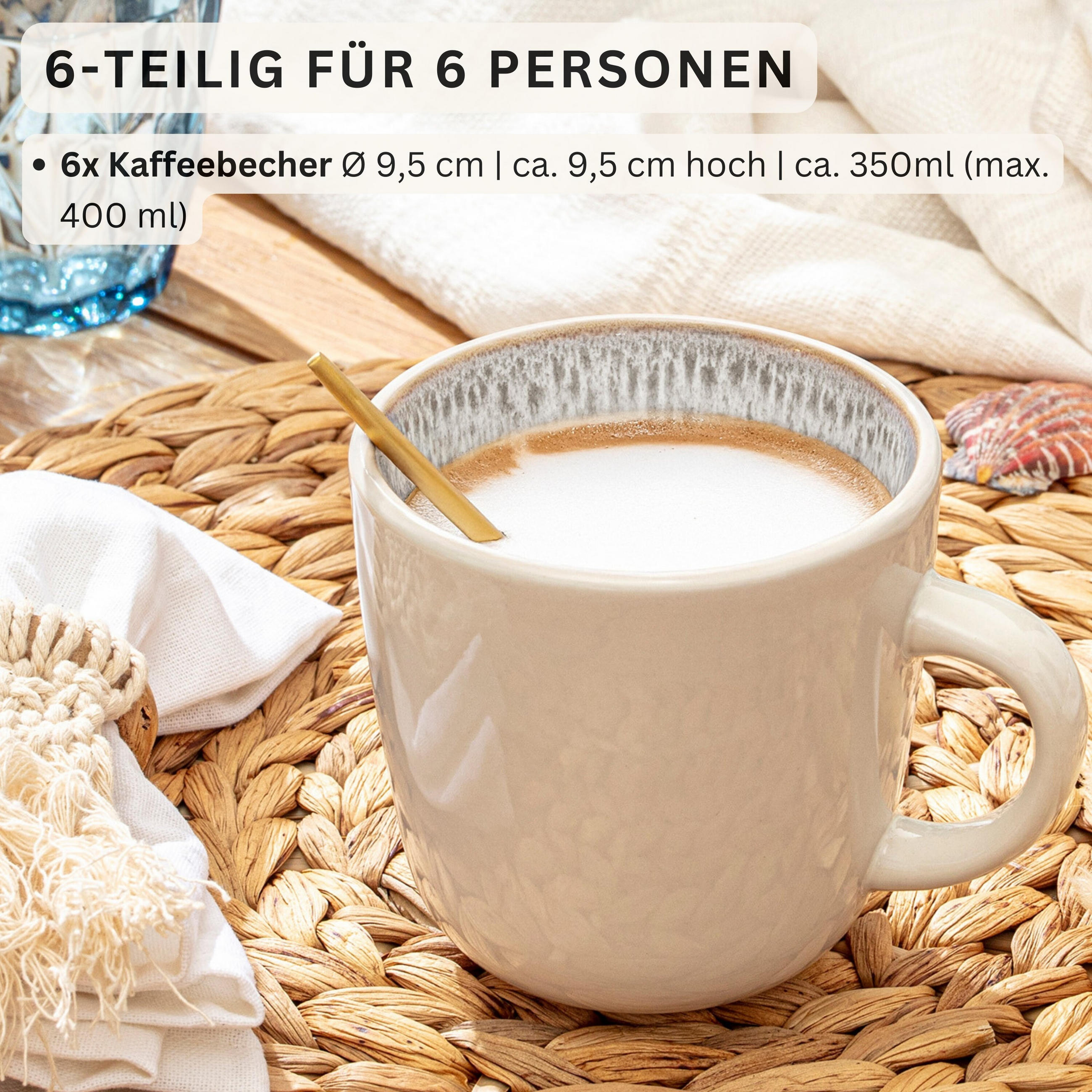 KAFFEEBECHER SET KRETA - 6 teilig aus Steingut - Creme, Stein (0.35L) - Sänger