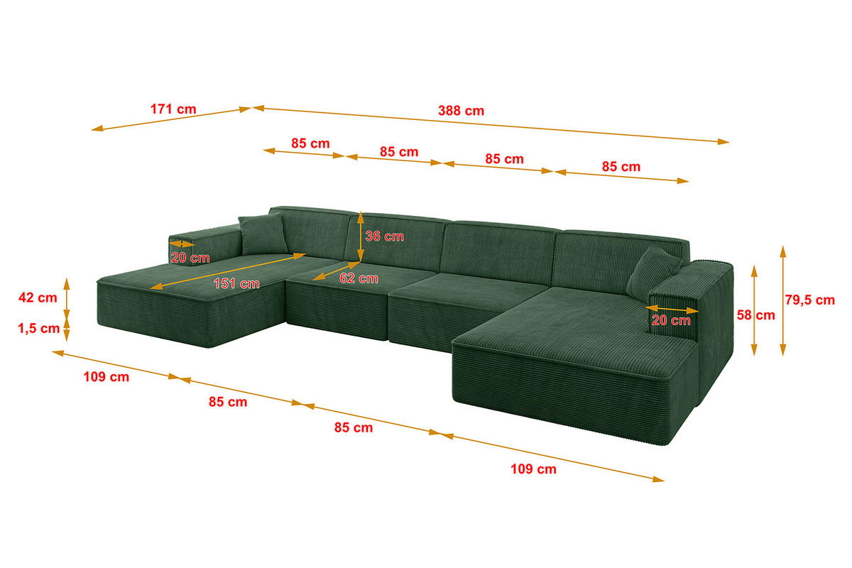 WOHNLANDSCHAFT IREA-U2-v4 - 388x171x79 cm Grün - Currygelb, Holzwerkstoff/Textil (388/79/171cm) - ALTDECOR