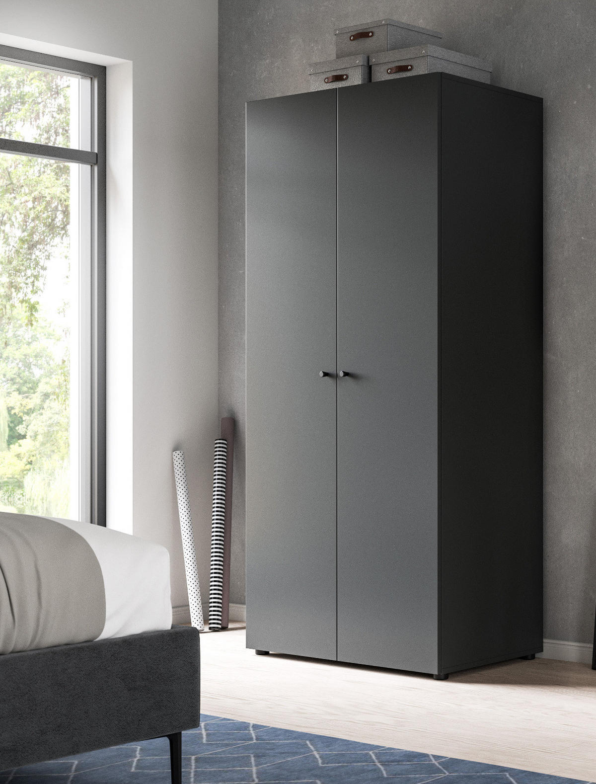 KLEIDERSCHRANK grau 2-türig 80 cm, Drehtürenschrank mit zusätzlichen Einlegeböden - Schwarz/Grau, Holzwerkstoff/Kunststoff (80/176/51cm) - Inn.Furn