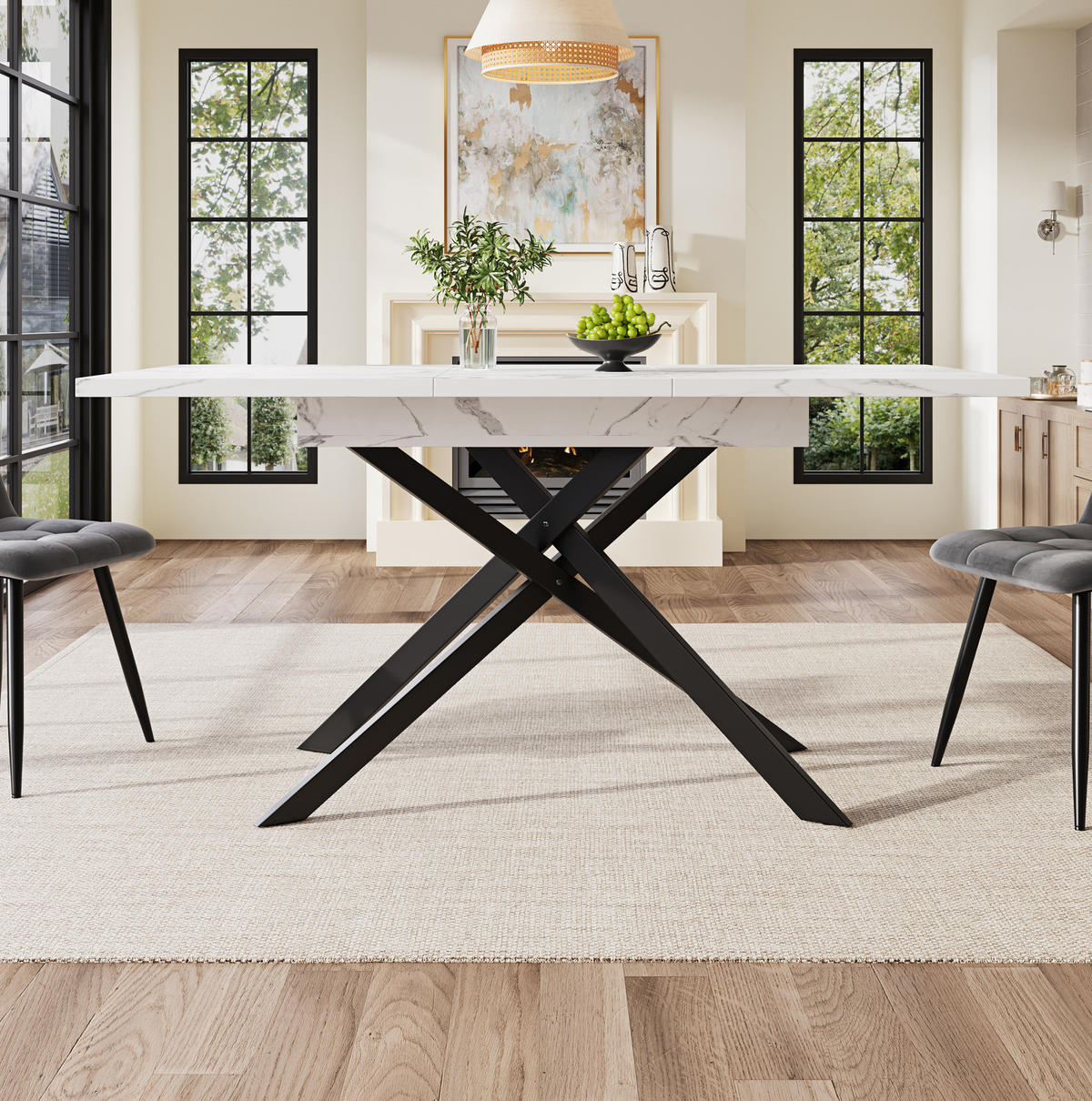 ESSTISCH, MDF in Marmoroptik mit Ausziehfunktion, 120-160/80/76,5 cm, Weiß/Schwarz - Weiß, Holzwerkstoff (120/80/76.5cm) - Redom