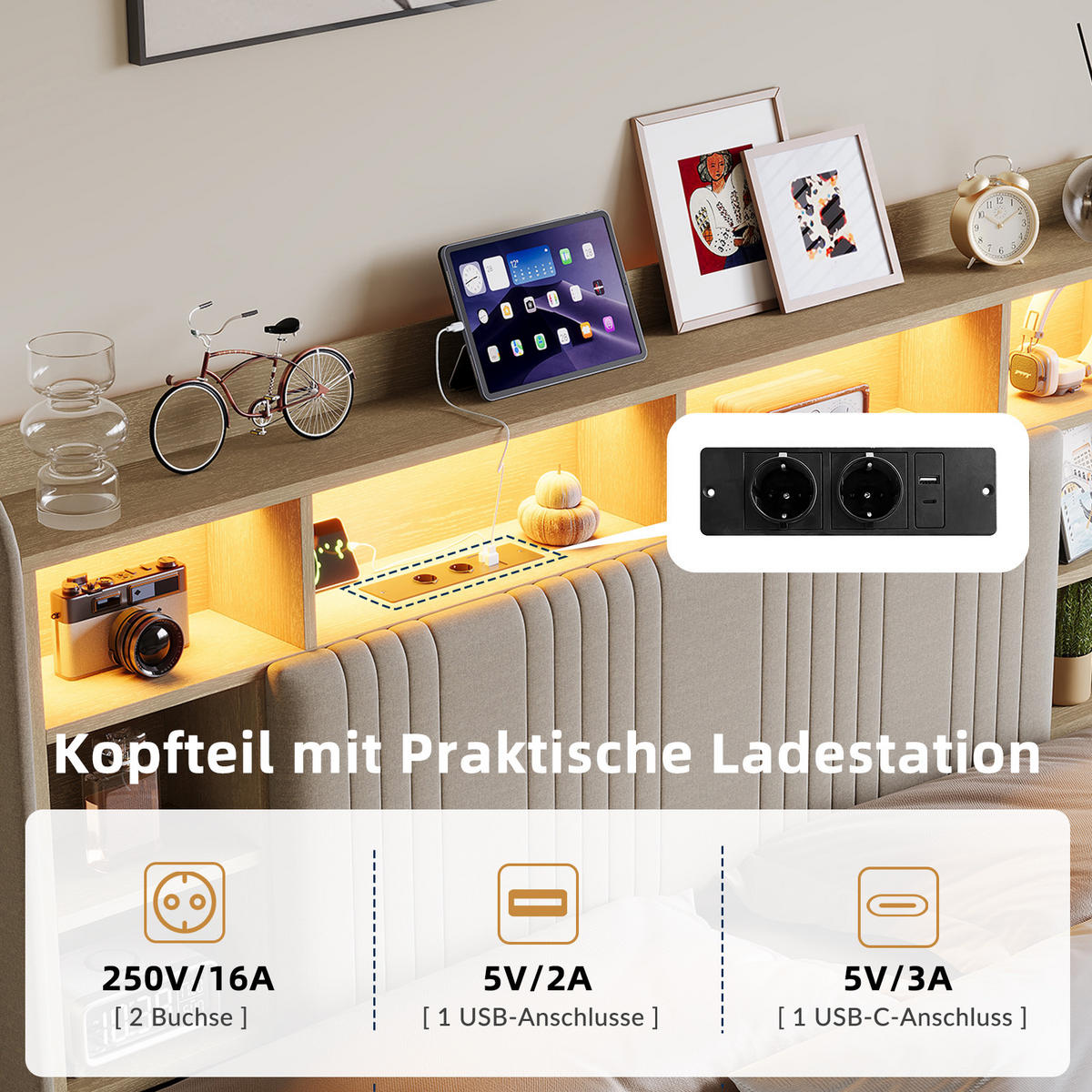 POLSTERBETT 160/200 cm Beige mit 4 Schubladen, LED-Kopfteil mit Ablage und USB - Beige, Metall (160/200cm) - EuroLiving