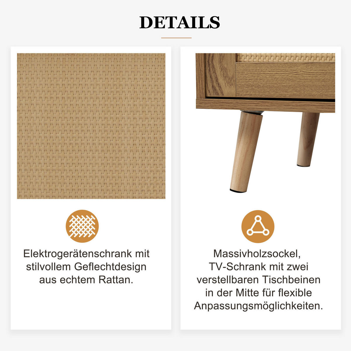TV-LOWBOARD 200/37/49 cm mit 2 Schubladen und Rattangeflecht-Optik - Braun, Holzwerkstoff (200/49/37cm) - BEAOK