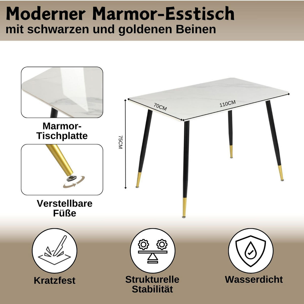 ESSTISCH SET weiß und braun - Braun/Weiß, Holzwerkstoff/Metall (70/75/110cm) - Urban Meuble