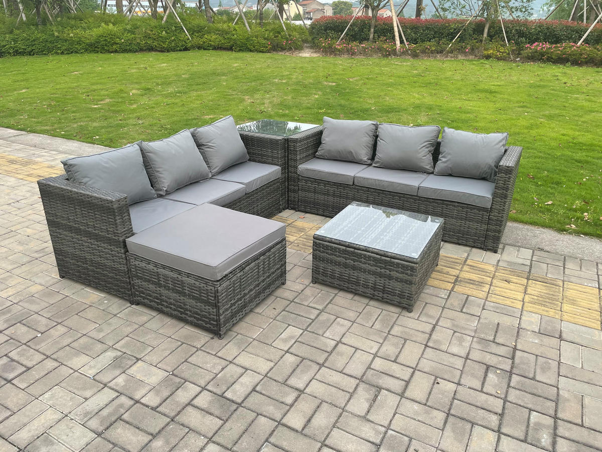 LOUNGESOFA Polyrattan 7-Sitzer - Dunkelgrau/Grau, Glas/Kunststoff - Fimous