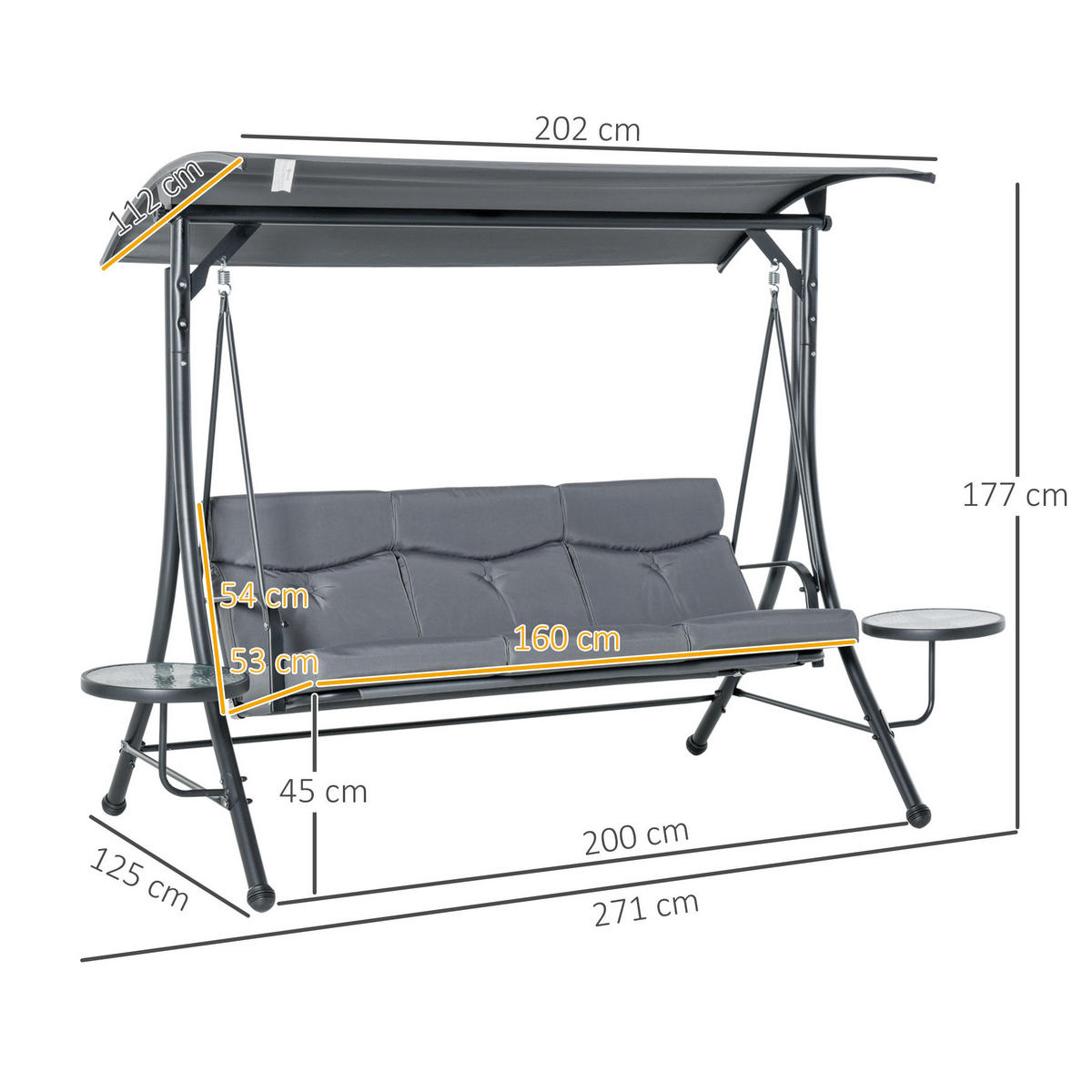 HOLLYWOODSCHAUKEL 271/125/177 cm aus Stahl mit verstellbarem Sonnendach und 2 Glastischen, Grau - Grau, Metall (125/177/271cm) - Redom