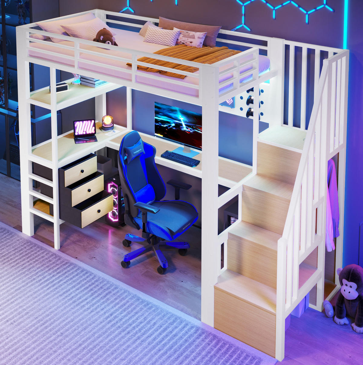 HOCHBETT 90/200 cm aus MDF und Metall mit Schublade, Lochwand, Tisch, LED-Licht, Weiß - Weiß, Holzwerkstoff (90/200cm) - OKMYHOME