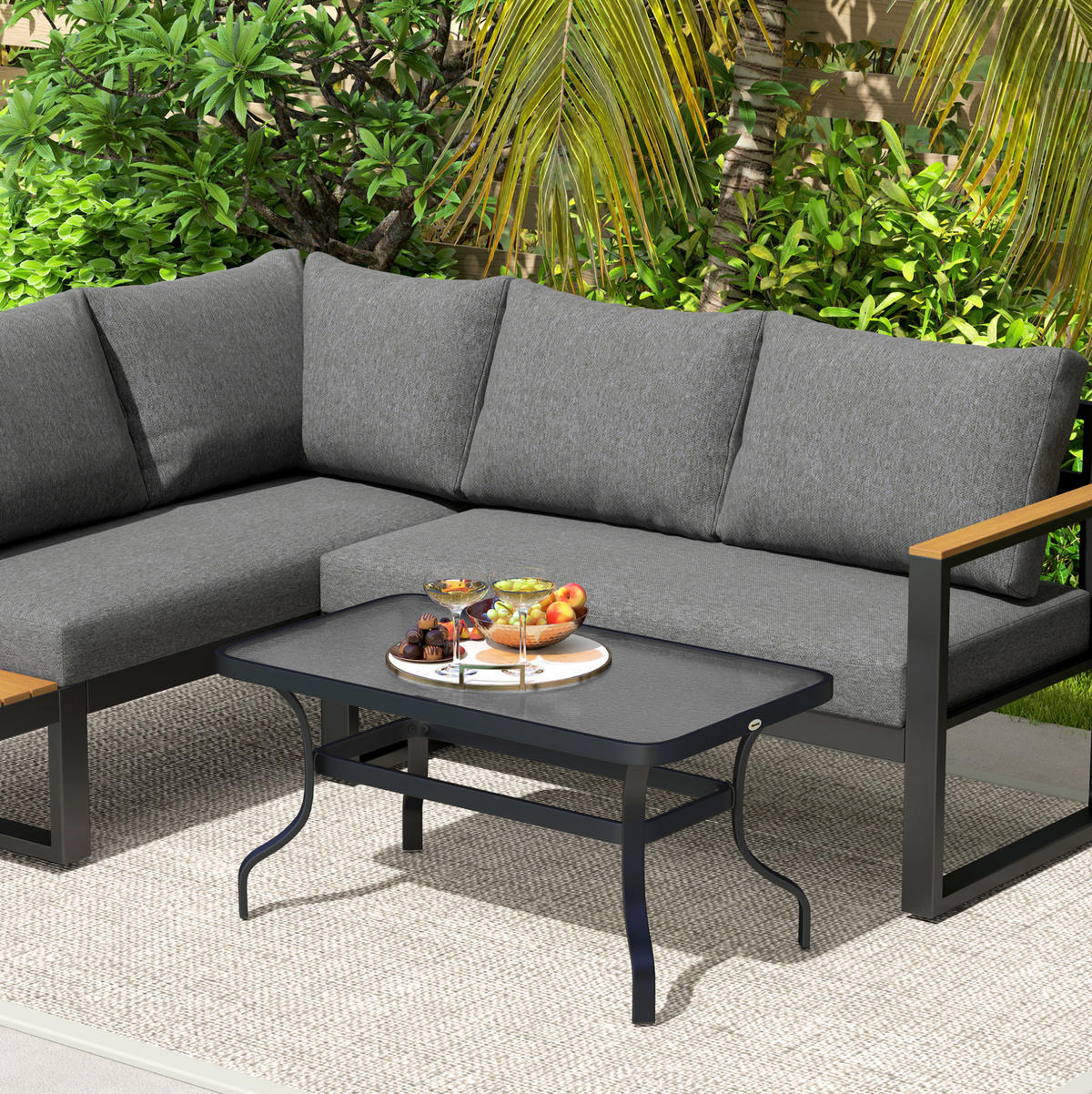 COUCHTISCH 95/55/46 cm mit Hartglasplatte und Metallgestell im Wellendesign, Schwarz - Naturfarben, Metall (95/55/46cm) - Redom