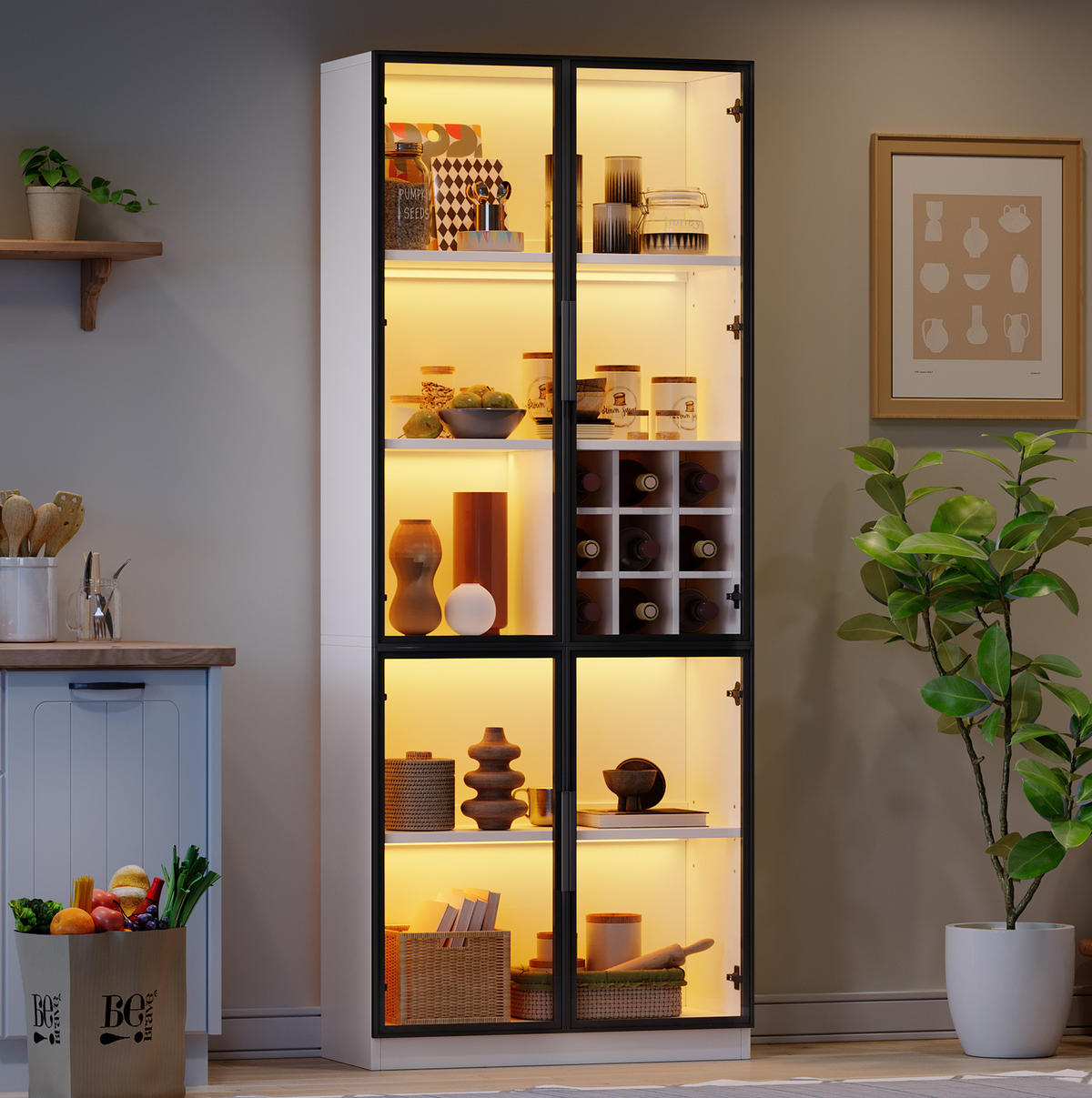 VITRINE aus Spanplatte 80x35x200 cm Weiß mit Glastüren, LED-Beleuchtung und Weinfach - Weiß, Holzwerkstoff (80/200/35cm) - Modfu