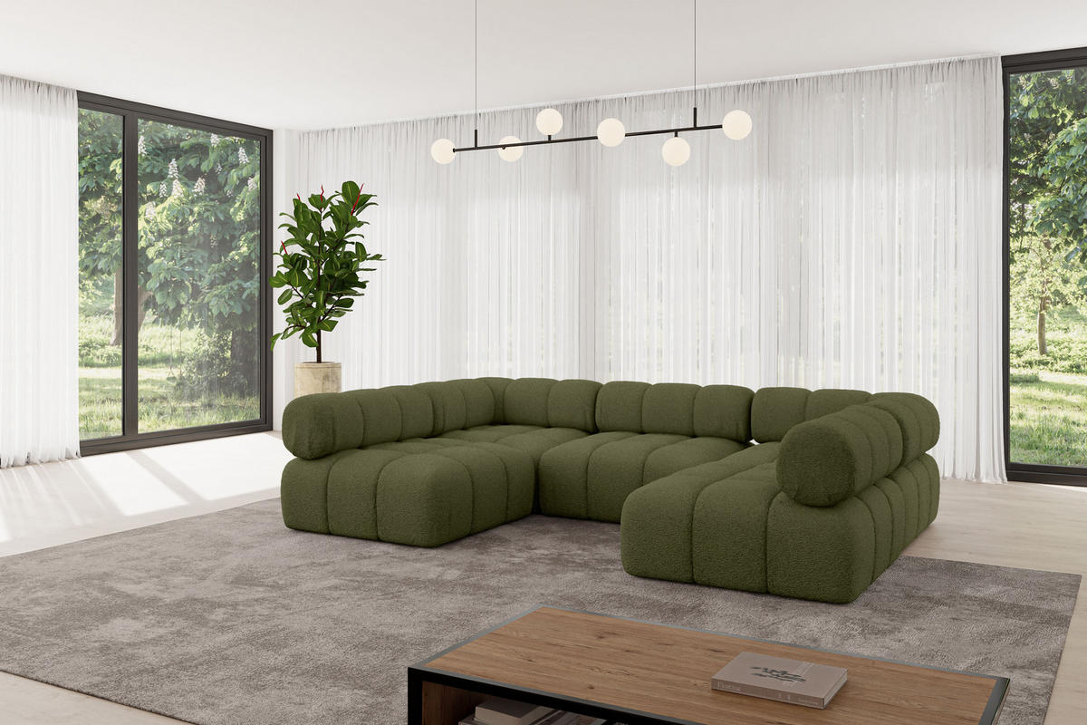 WOHNLANDSCHAFT modulares Sofa Garvo-U1 - 285x190x70 cm Grün Bouclé - Grün, Holzwerkstoff/Textil (285/70/190cm) - ALTDECOR