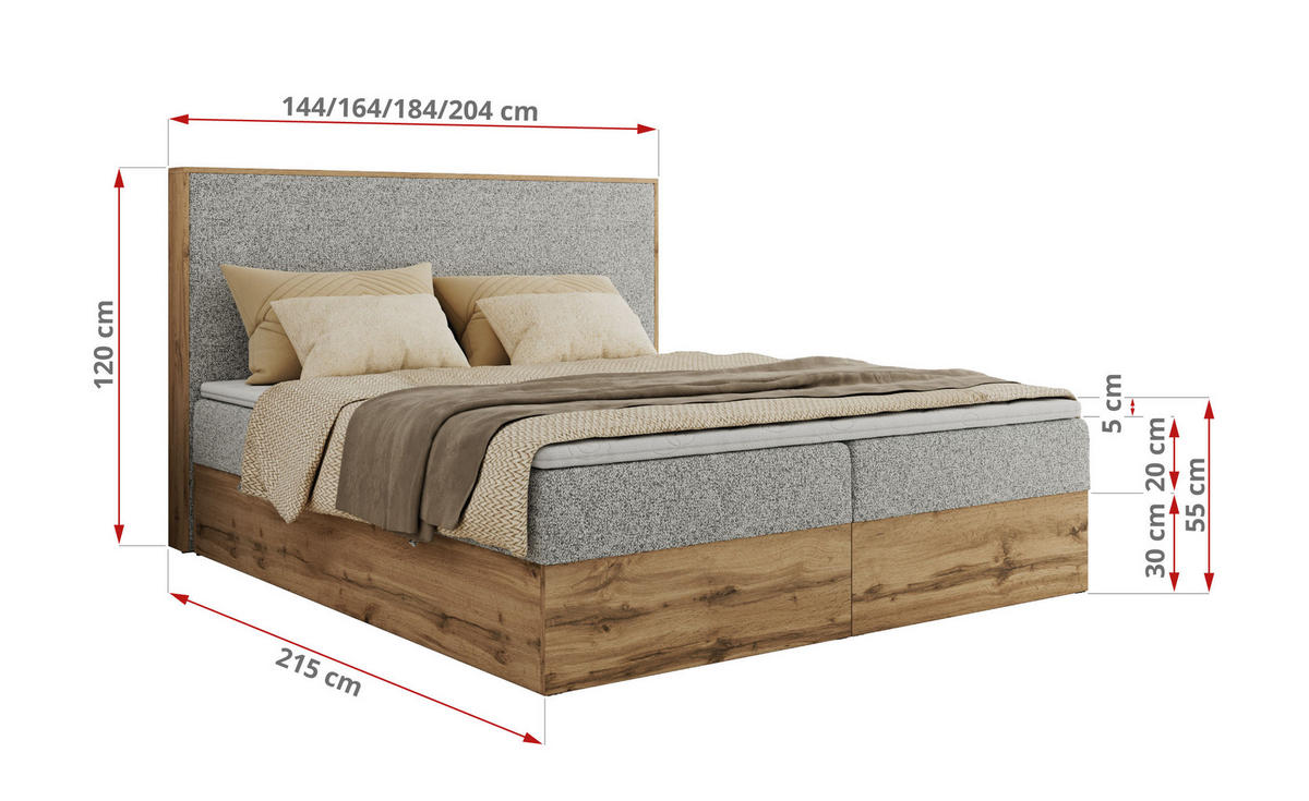 BOXBETT WOOD CLASSIC 200/200 - Hellgrau Strukture - H4 - Hellgrau, Textil (200/200cm) - MKS