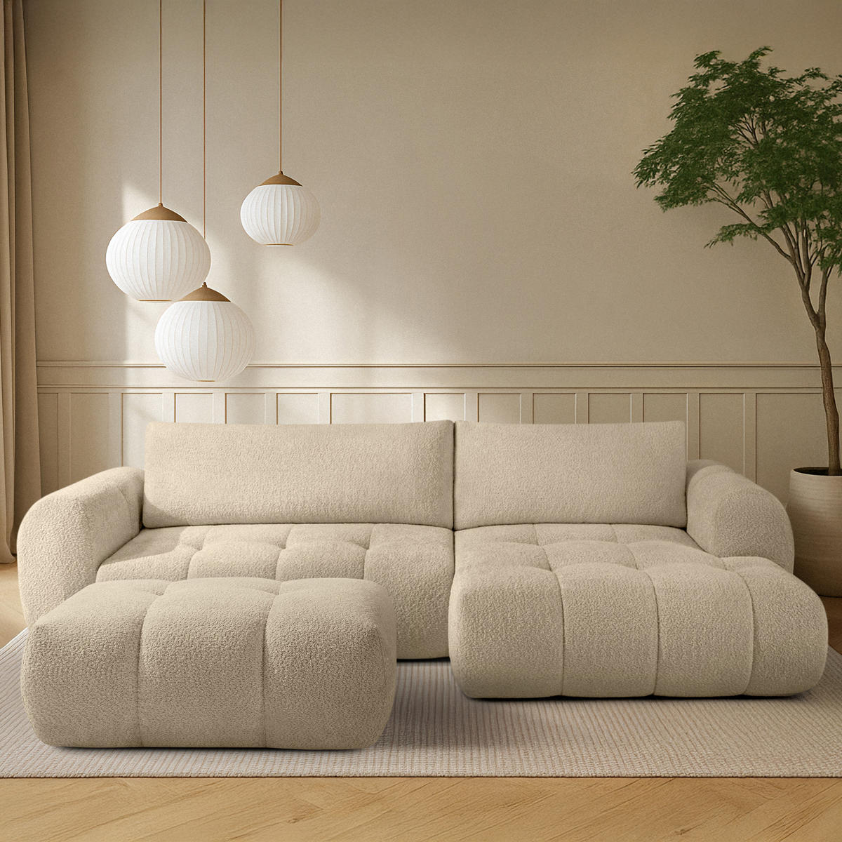 ECKSOFA MIT HOCKER LIRA, Hellbeige, Bouclé - Sandfarben, Holz/Holzwerkstoff (96/50cm) - KONSIMO®