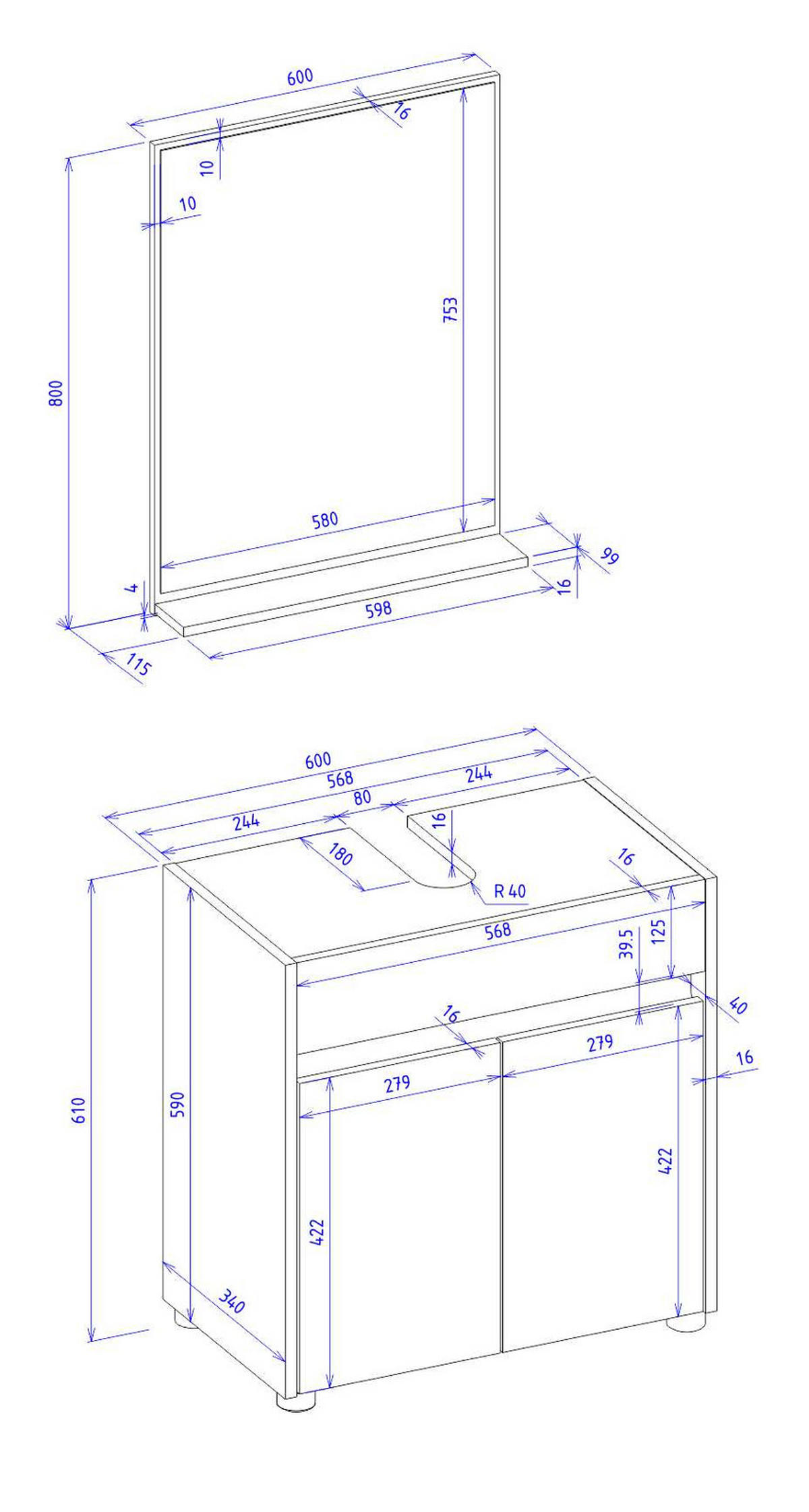 BADMÖBEL-SET 2-teilig grau matt, Wotan Eiche, Badkombination 60 cm - Eiche Wotan/Schwarz, Glas/Holzwerkstoff (61/200/34cm) - Furn.Design