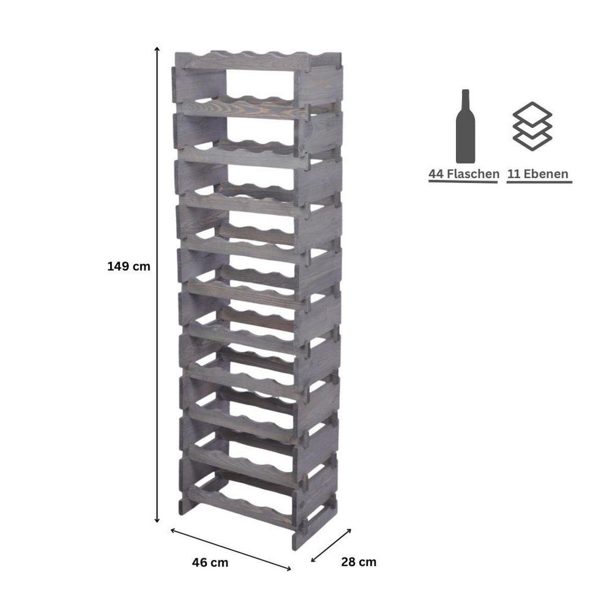 WEINREGAL VINOTECA FLEX PRO HxBxT 149x46x28cm 44 Flaschen auf 11 Ebenen Grau - Grau, Holz (46/149/28cm) - PROREGAL