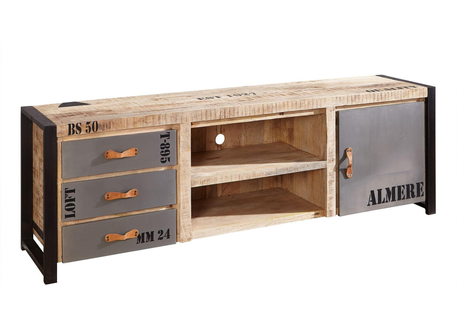 TV-BOARD Mango 200x45x66 natur bedruckt FACTORY #133 - Naturfarben, Holz (200/66/45cm) - Massivmoebel24