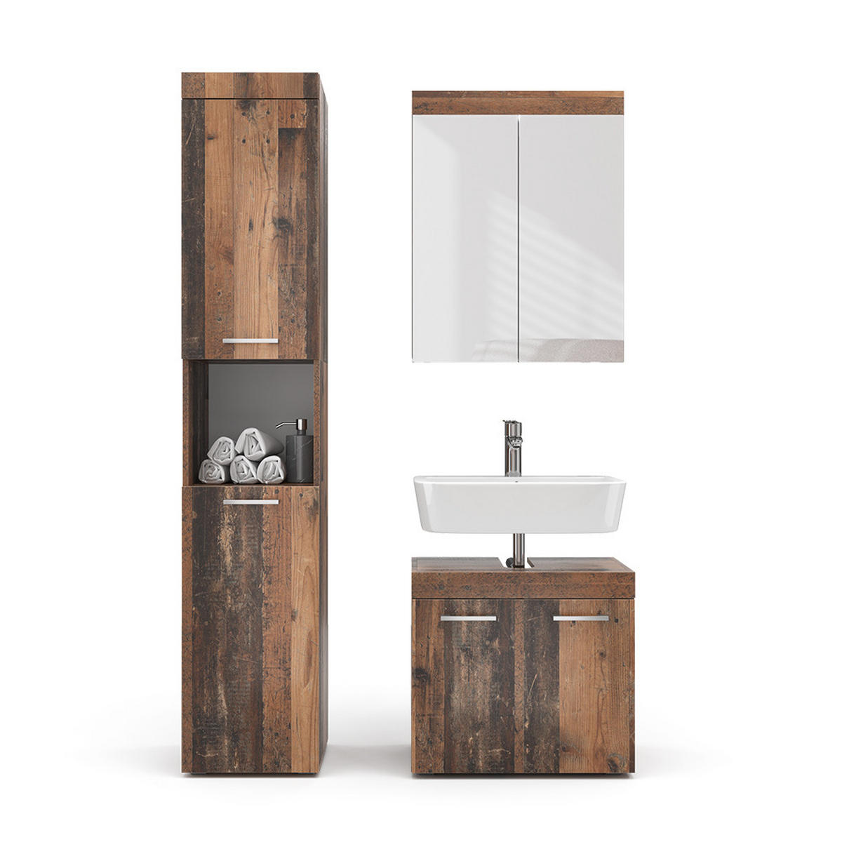 BADMÖBEL-SET Luna Oldstyle 3 Teile, mit Hochschrank - Braun, Holzwerkstoff (60/56/34cm) - Vicco