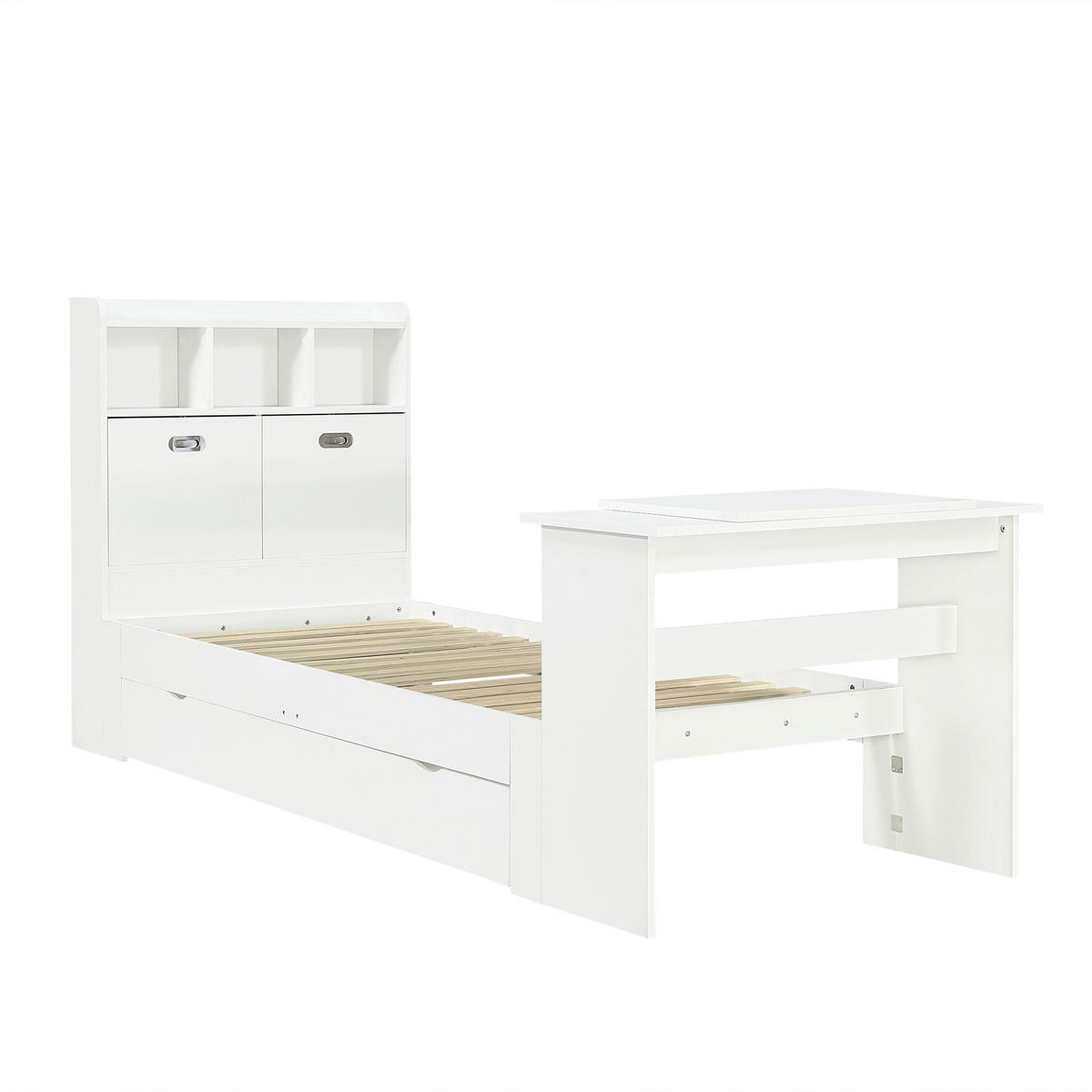 BETT mit Stauraum und Klapptisch 90x200 cm Weiß 3-tlg. - Weiß, Holz (90/200cm) - Meubliv