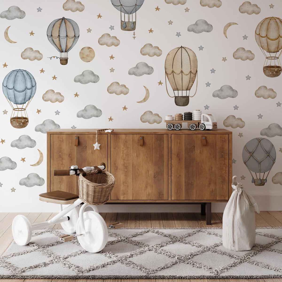 WANDAUFKLEBER SET Luftballons Wolken Sterne Boho Stil 60x30 - Beige/Braun, Papier (60/30/1cm) - Muralo