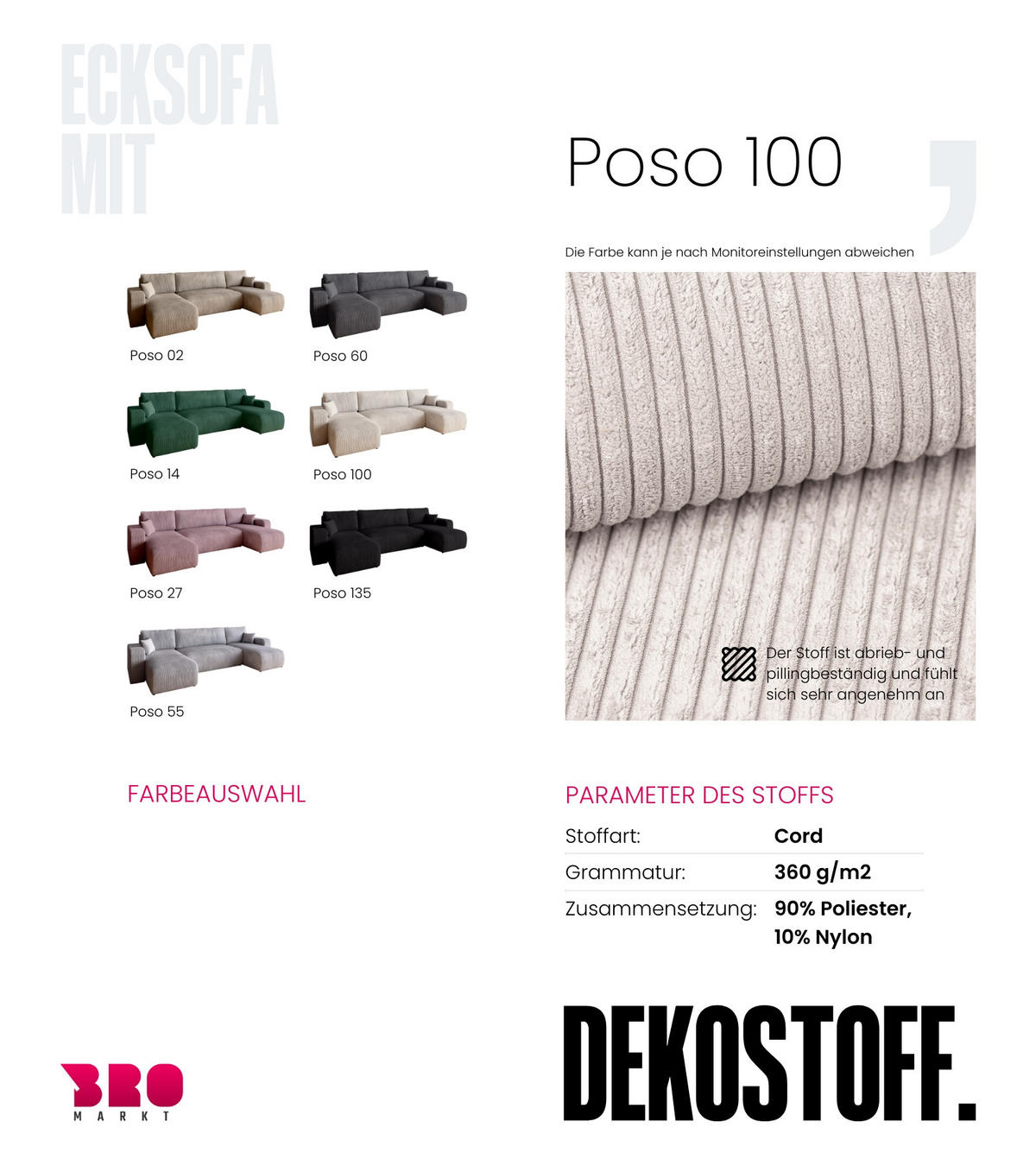 WOHNLANDSCHAFT PUMI mit Schlaffunktion Weiß Cord - Creme, Textil (312/82/148cm) - Bromarkt