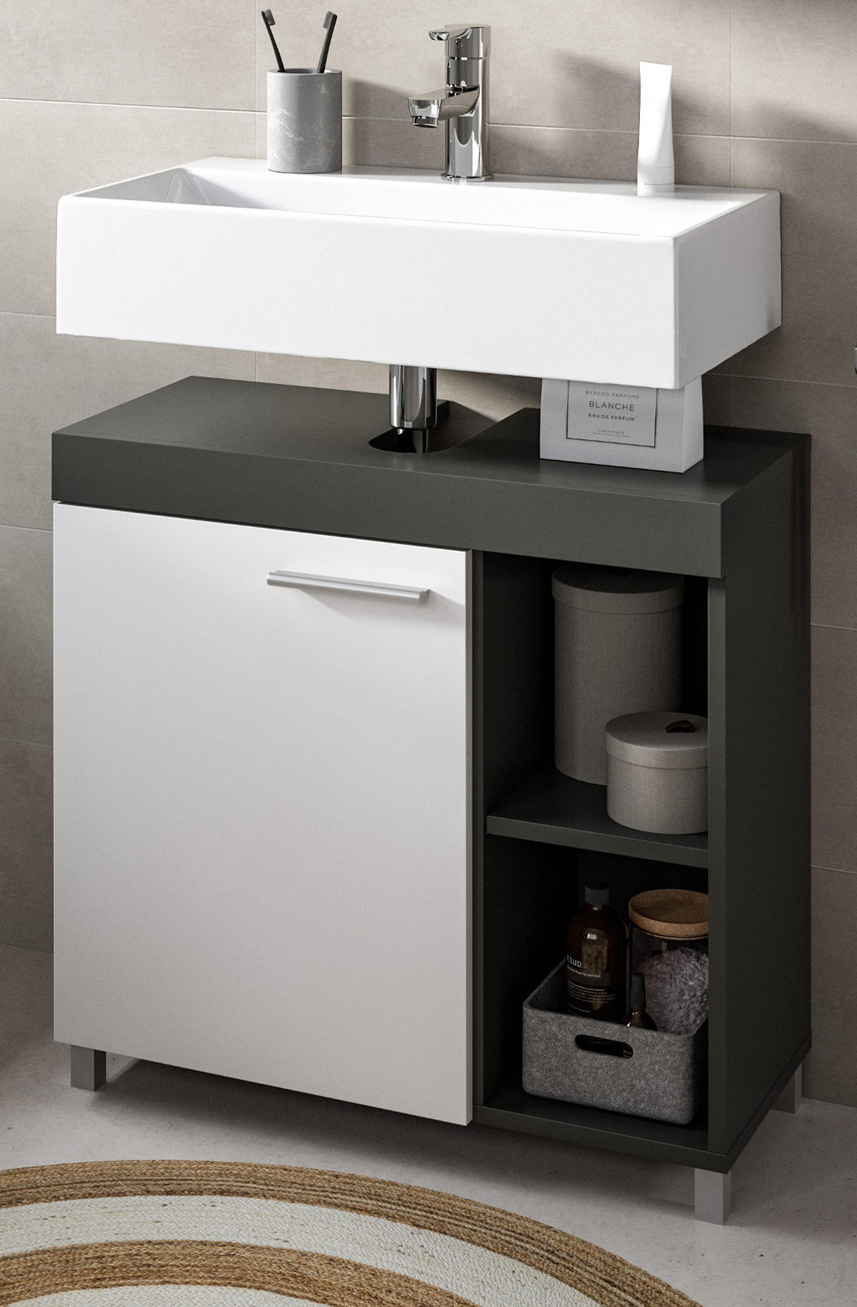 WASCHBECKENUNTERSCHRANK grau, weiß 65 cm, Unterschrank 1-türig - Silberfarben/Weiß, Holzwerkstoff/Kunststoff (65/63/31cm) - Inn.Furn