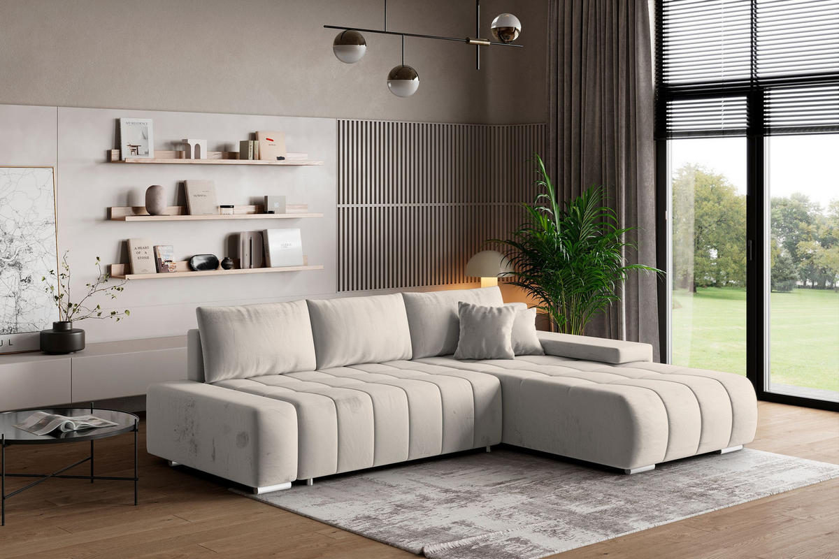 ECKSOFA ALESE R-S Creme Velours-Stoff mit Schlaffunktion - Creme, Holz (265/185cm) - MASSENO