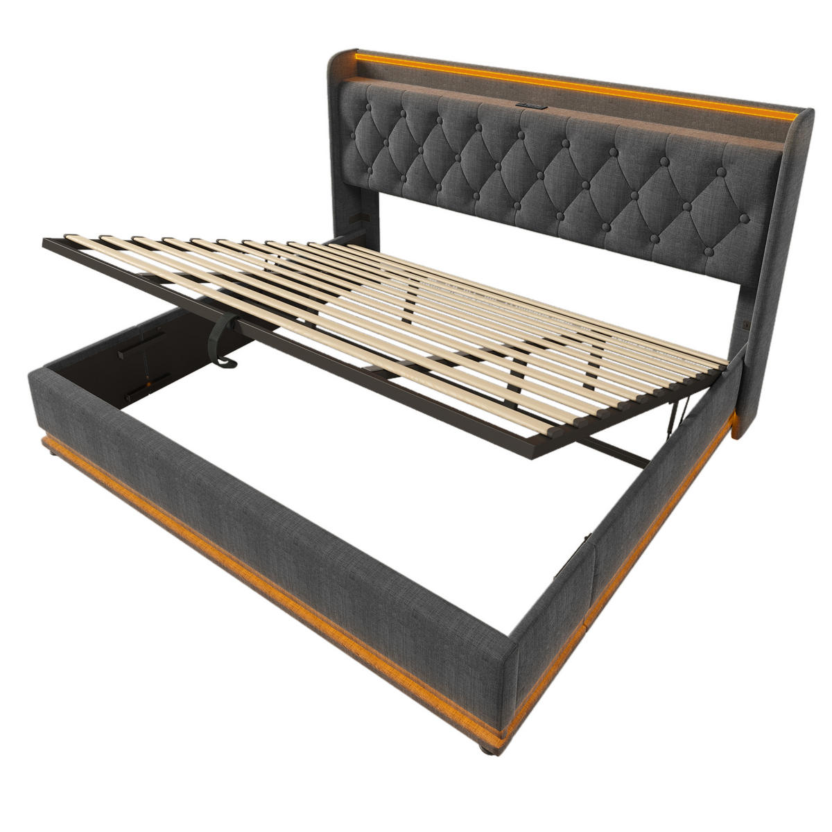 POLSTERBETT 180/200 cm mit hydraulischem Bettkasten, 360° LED und USB/Typ-C im Kopfteil,Grau - Grau, Textil (180/200cm) - Redom