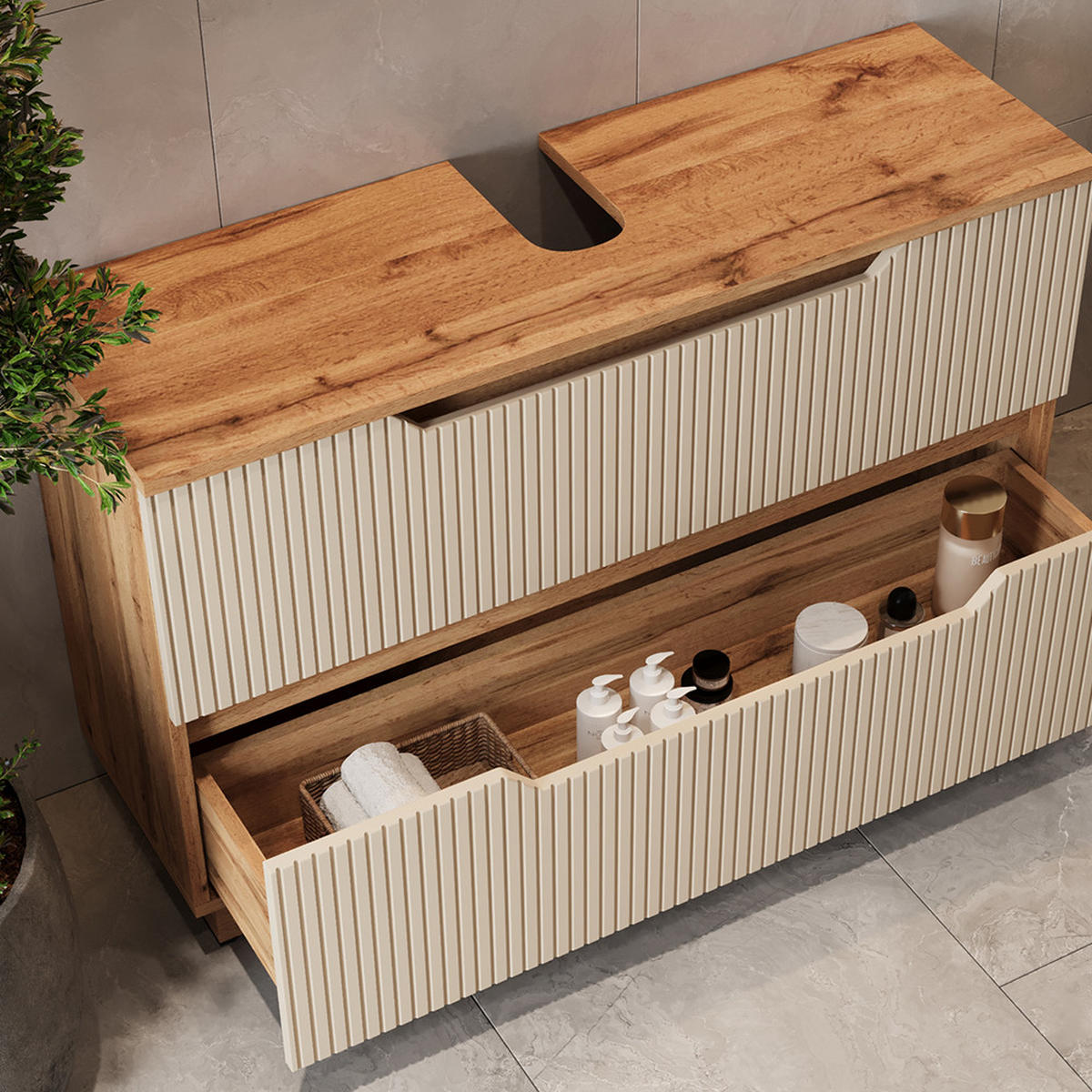 WASCHBECKENUNTERSCHRANK Lotta Eiche/Kaschmir gestreift 99.4 x 62.5 cm mit 2 Schubladen - Kaschmir/Eichefarben, Holzwerkstoff (99.4/62.5/32cm) - Vicco