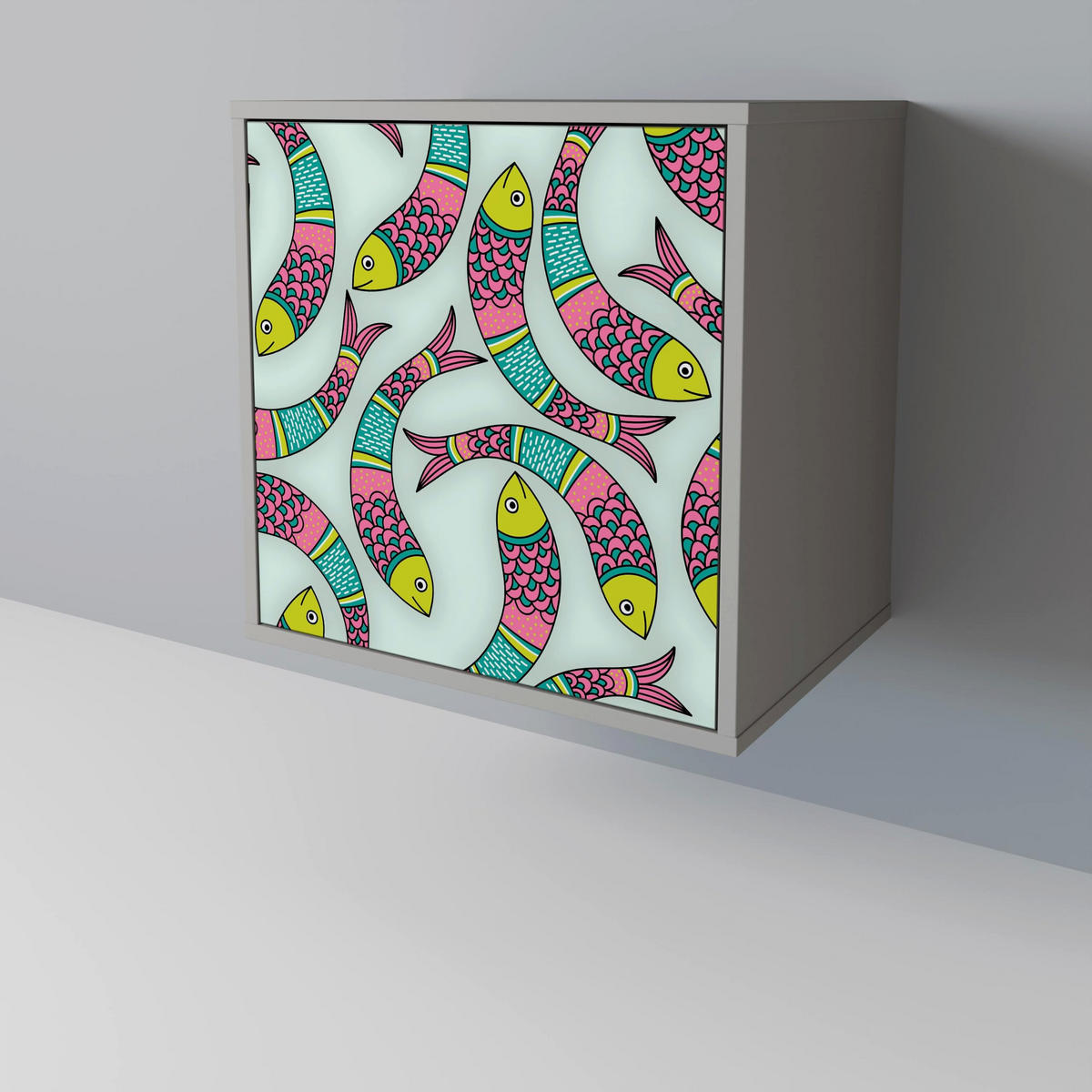 SIDEBOARD INDIAN FISH, Grau, 57,5x42x67,5 cm, Schwarze Metall-Rahmenfüße - Multicolor/Schwarz, Holzwerkstoff/Metall (57.5/67.5/42cm) - SpaceRebels