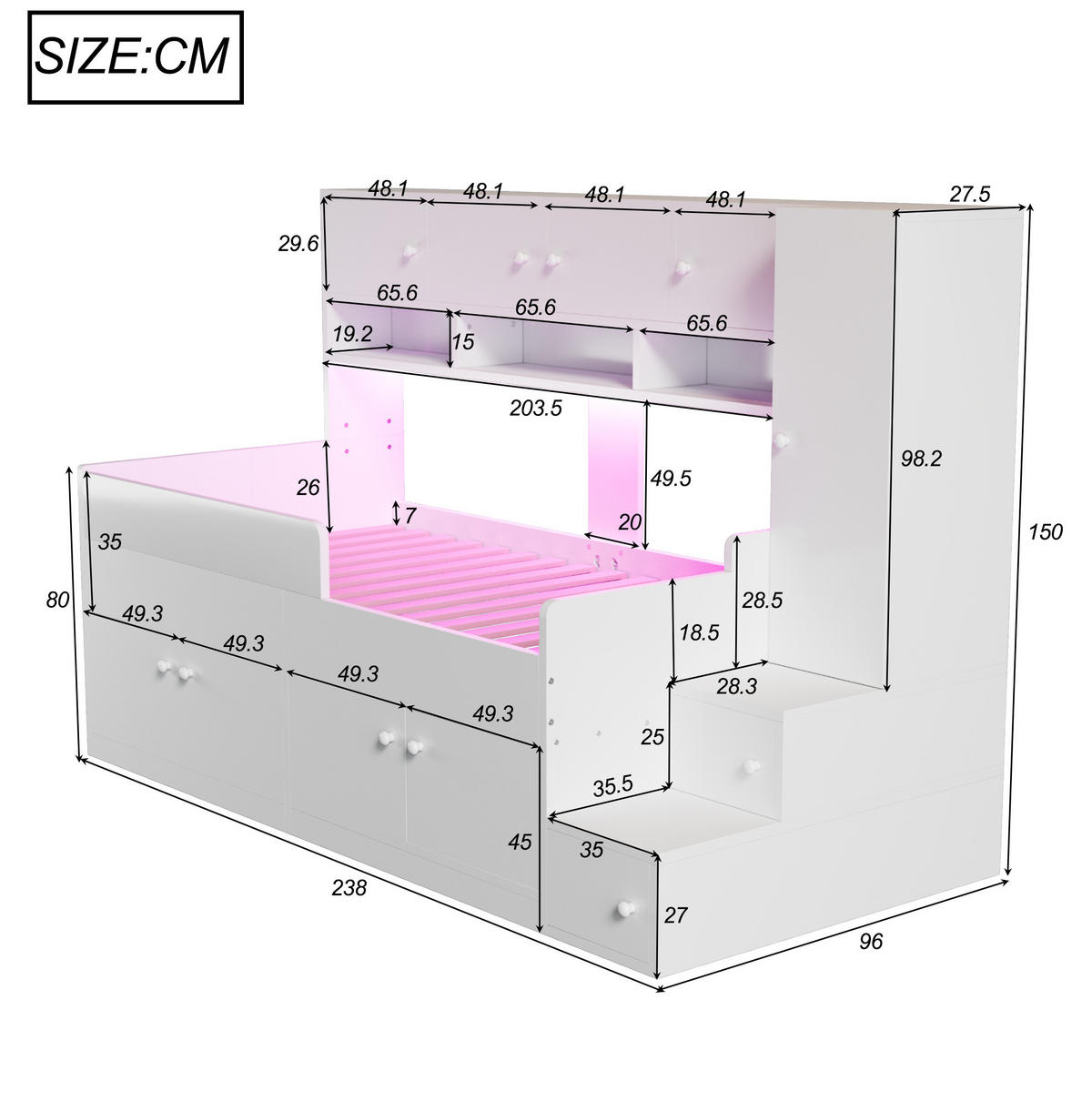 HOCHBETT 90/200 cm mit Stauraum, Kleiderschrank, LED-Beleuchtung und Sicherheitsgeländer, Weiß - Weiß, Holzwerkstoff (90/200cm) - Redom