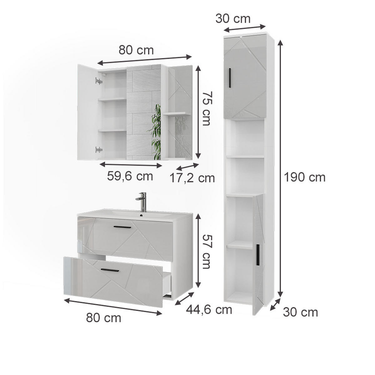 SADA KOUPELNOVÉHO NÁBYTKU Irma Bílá/bílý vysoký lesk - vysoce lesklá bílá, kompozitní dřevo (80/57/44.6cm) - Vicco
