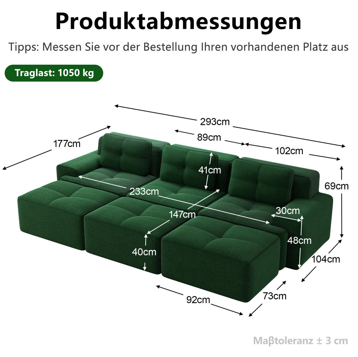 MODULARES Ecksofa mit Schlaffunktion aus Cord Grün 293x177x69 cm - Grün, Textil (177/69/293cm) - IVMEU