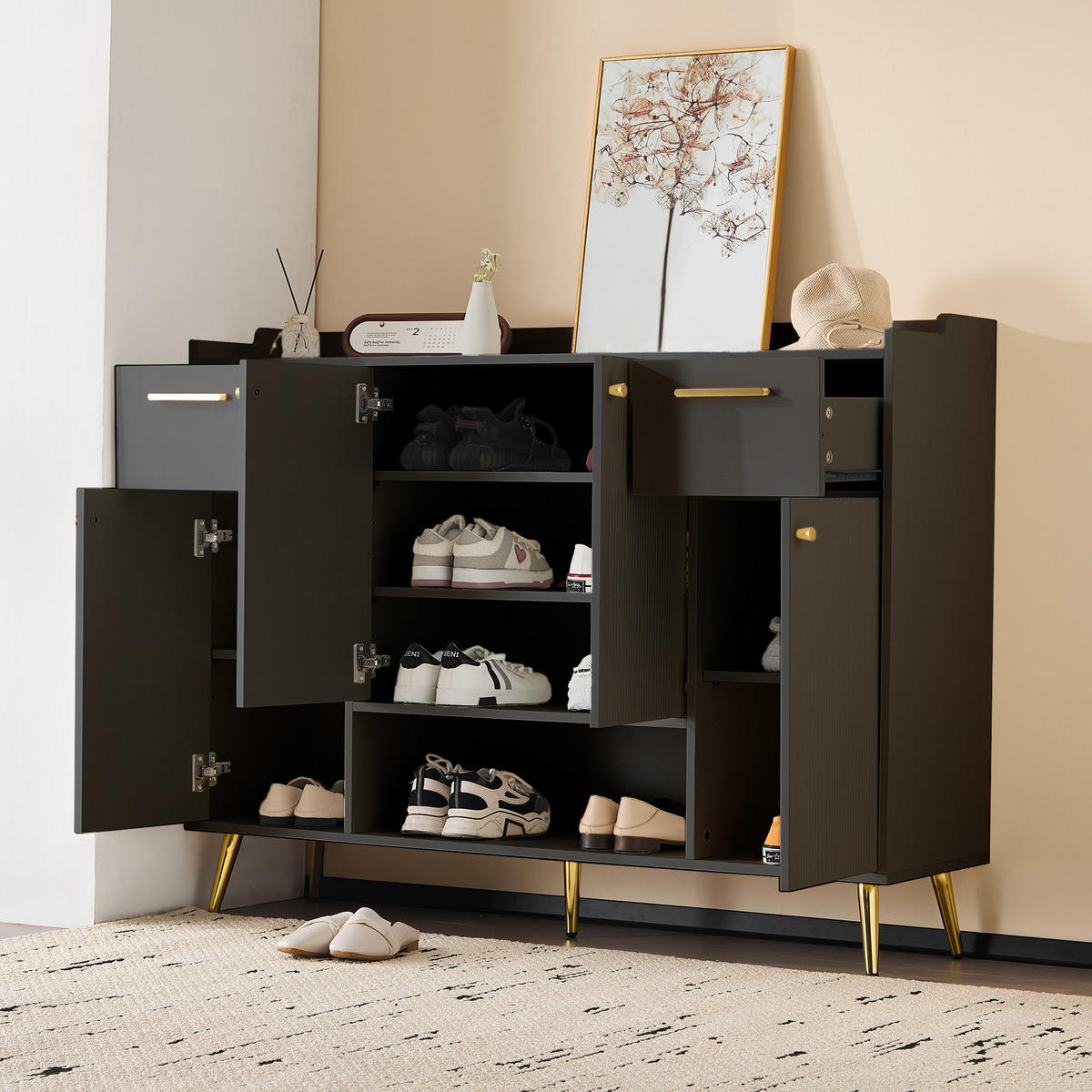 SCHUHSCHRANK 130/37/100 cm in Schwarz mit 2 Schubladen und 4 Türen - Schwarz, Holzwerkstoff (130/100/37cm) - BEAOK