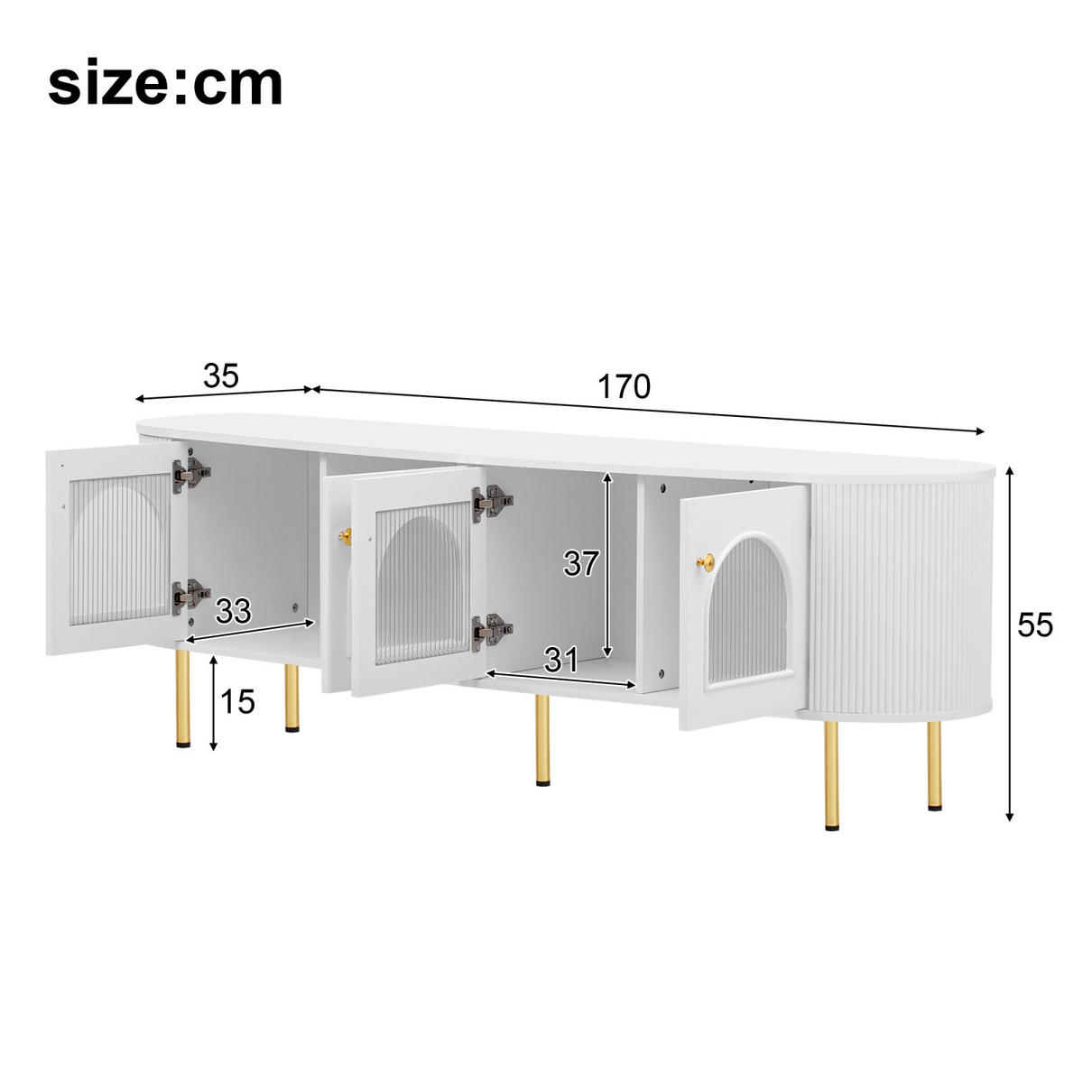 TV Lowboard 4 Glastüren, goldene Griffe, Weiß - Weiß, Holz (170/55/35cm)