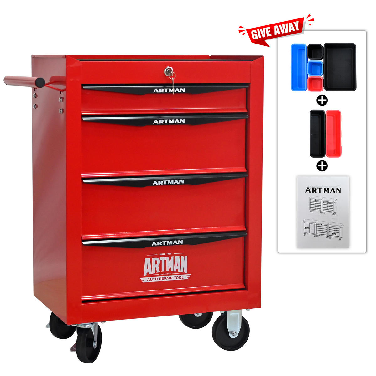 KOMBINATIONSKOFFER – Einheit mit 4 Schubladen, 508 mm (20 Zoll), ausgestattet mit 4 Schubladen, Farbgebung in Rot und Schwarz. - Multicolor, Metall (33/77.5/60cm) - DCA